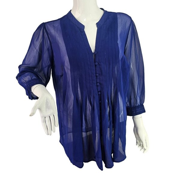 FYLO Sheer Pleated Shirt Blouse Womens M Royal Blue V Neck Covered Buttons - Picture 1 of 11